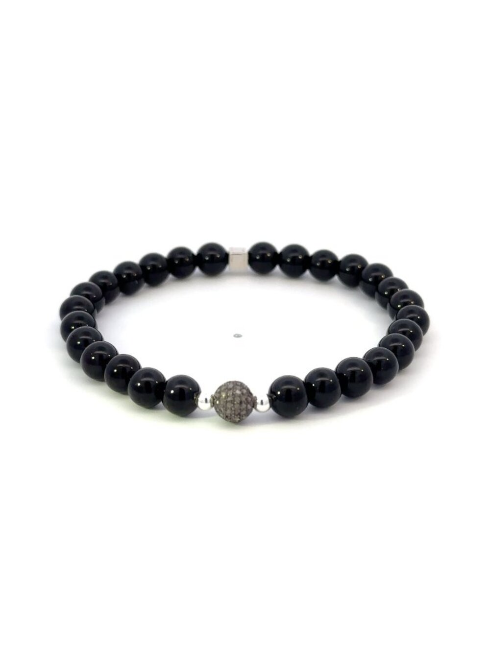 Black Onyx Gemstone Stretch Bracelet with Pave Diamond Bead Oxidized
